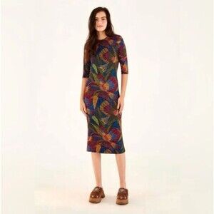 Farm Rio Dress Dotted Macaws Midi 3/4 Sleeve Fitted Jersey Tropical Vacation M